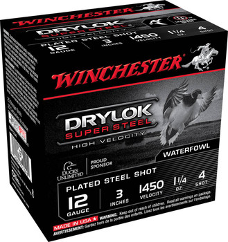 Winchester Drylock Super Steel 12 Gauge Shotshell Ammunition, 3 Inch, 1450 FPS, 1 1/4 Ounce, #4 Shot - 25 Cartridge Box ( 25 / 1 )