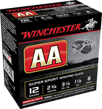 Winchester AA Super Sport 12 Gauge Shotshell Ammunition, 2 3/4 Inch, 1300 FPS, 1 1/8 Ounce, #8 Shot - 25 Cartridge Box ( 25 / 1 ) Winchester AA Super Sport 12 Gauge Shotshell Ammunition, 2 3/4 Inch, 1300 FPS, 1 1/8 Ounce, #8 Shot - 25 Cartridge Box ( 25 / 1 )