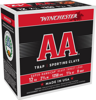 Winchester AA Super-Handicap 12 Gauge Shotshell Ammunition, 2 3/4 Inch, 1250 FPS, 1 1/8 Ounce, #8 Shot - 25 Cartridge Box ( 25 / 1 ) Winchester AA Super-Handicap 12 Gauge Shotshell Ammunition, 2 3/4 Inch, 1250 FPS, 1 1/8 Ounce, #8 Shot - 25 Cartridge Box ( 25 / 1 )