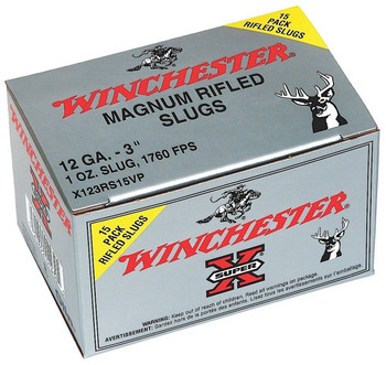 Winchester Super-X 12 Gauge Slug Ammunition, 3 Inch, 1760 FPS, 1 Ounce, Rifled Slug - 15 Cartridge Box ( 15 / 1 )
