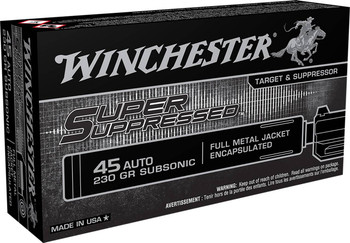 Winchester Super Suppressed Subsonic Centerfire Ammunition, 45 ACP, Encapsulated Full Metal Jacket, 230 Grain - 50 Cartridge Box ( 50 / 1 )