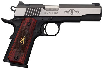 Browning 051914492 1911 Black Label Medallion Pro 380 ACP 81 4.25 Target Crown Barrel Blackened wSilver Polished Flats Serrated SS Slide Matte Black Polymer Frame wBeavertail UPC: 023614443766