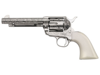 Taylors & Company 200060 1873 Cattle Brand Pietta 38 Special/357 Mag 6 Shot 5.50" Nickel Engraved Round Barrel, Nickel Engraved Cylinder & Steel Frame, White PVC Navy Grip, Exposed Hammer