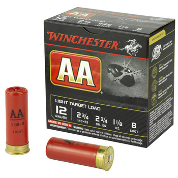 Winchester AA Light Target 12 Gauge Shotshell Ammunition, 2 3/4 Inch, 1145 FPS, 1 1/8 Ounce, #8 Shot - 25 Cartridge Box ( 25 / 1 ) Winchester AA Light Target 12 Gauge Shotshell Ammunition, 2 3/4 Inch, 1145 FPS, 1 1/8 Ounce, #8 Shot - 25 Cartridge Box ( 25 / 1 )