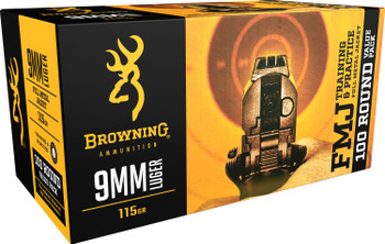 Browning, Training & Practice, 9mm Luger, 115 Grain, Full Metal Jacket, Brass Cased, 100 Round Box UPC: 020892224285