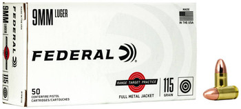 Federal Range Target Practice Standard Velocity Centerfire Ammunition, 9mm Luger, Full Metal Jacket, 115 Grain - 50 Cartridge Box ( 50 / 1 )