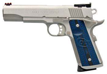 Colt Mfg O5073XE Gold Cup Trophy 38 Super 9+1 5" Stainless National Match Barrel, Stainless Steel Serrated Slide & Frame w/Beavertail, Blue Scalloped G10 Grip, Ambidextrous                            