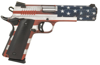 Citadel CIT45FSPUSA M1911 Government Full Size 45 ACP 81 5 Stainless Steel BarrelAmerican Flag Cerakote Serrated SlideAmerican Flag Cerakote Steel Frame wBeavertail Black G10 Grips Ambidextrous UPC: 682146281811