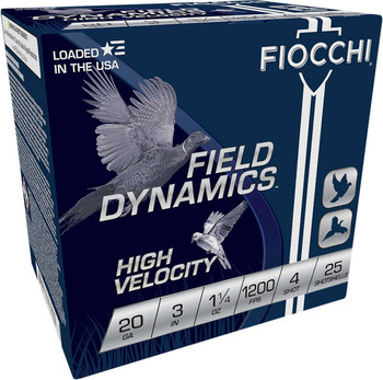 Fiocchi Field Dynamics High Velocity 20 Gauge Shotshell Ammunition, 3 Inch, 1200 FPS, 1 1/4 Ounce, #4 Shot - 25 Cartridge Box ( 25 / 1 )