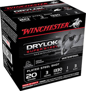 Winchester Drylock Super Steel 20 Gauge Shotshell Ammunition, 3 Inch, 1330 FPS, 1 Ounce, #3 Shot - 25 Cartridge Box ( 25 / 1 )