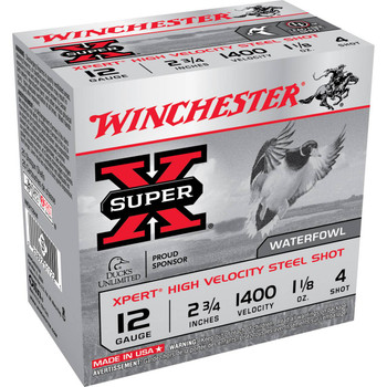 Winchester Super-X 12 Gauge Shotshell Ammunition, 2 3/4 Inch, 1400 FPS, 1 1/8 Ounce, #4 Shot - 25 Cartridge Box ( 25 / 1 )