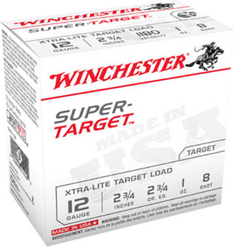 Winchester USA Super Target 12 Gauge Shotshell Ammunition, 2 3/4 Inch, 1180 FPS, 1 Ounce, #8 Shot - 25 Cartridge Box ( 25 / 1 ) Winchester USA Super Target 12 Gauge Shotshell Ammunition, 2 3/4 Inch, 1180 FPS, 1 Ounce, #8 Shot - 25 Cartridge Box ( 25 / 1 )