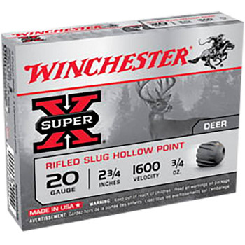 Winchester Super-X 20 Gauge Slug Ammunition, 2 3/4 Inch, 1600 FPS, 3/4 Ounce, Rifled Slug Hollow Point - 15 Cartridge Box ( 15 / 1 )