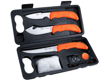 Outdoor Edge WL6 WildLite Game Processor Kit Fixed Boning/Caper/Skinner Plain 420J2 SS Blades, Blaze Orange Textured TPR Handles, 5 Pieces Includes Carry Case