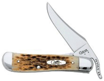 Case 0260 6 RussLock  2.70 Folding RussLock Clip Plain Mirror Polished TruSharp SS BladePeach Seed Jigged Amber Bone Handle UPC: 021205002606
