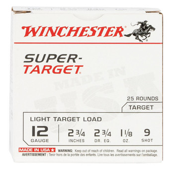 Winchester USA Super Target 12 Gauge Shotshell Ammunition, 2 3/4 Inch, 1145 FPS, 1 1/8 Ounce, #9 Shot - 25 Cartridge Box ( 25 / 1 )