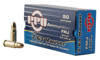 PPU PPH763 Handgun  7.63mm Mauser 85 gr Full Metal Jacket 50 Per Box 10 UPC: 8605003813217