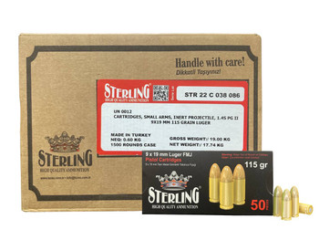 STERLING 9X19MM LUGER FMJ STEEL CASING 115GR CASE1000 UPC
