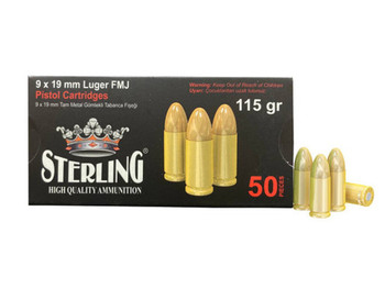 STERLING 9X19MM LUGER FMJ PISTOL AMMUNITION 115GR BRASS CASING