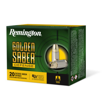 Remington Ammunition 27609 Golden Saber Defense 45 ACP 185 gr Brass Jacket Hollow Point BJHP 20 Per Box 25 UPC: 047700489209
