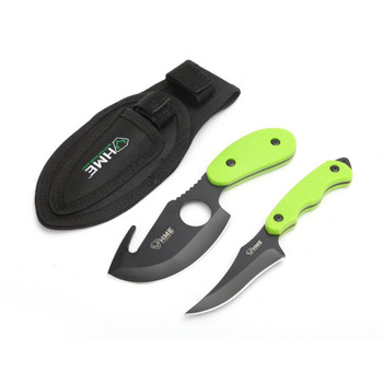 HME HMEKN2PSGC Skinning Kit  3.50 Fixed Skinner wGut HookCaping PlainGut Hook Black Oxide 420HC Blade TPR Green Handle UPC: 888151019016