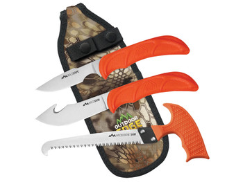 Outdoor Edge WG10C WildGuide Fixed Caper/Saw/Skinner w/Gut Hook Satin 420J2 SS Blades, Blaze Orange Textured TPR Handle