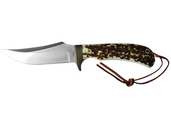 Uncle Henry old 1100035 Next Gen Staglon 4.25" Skinner Plain Satin Stainless Steel Blade 4.25" Staglon Handle Features Brass Finger Guard Includes Sheath