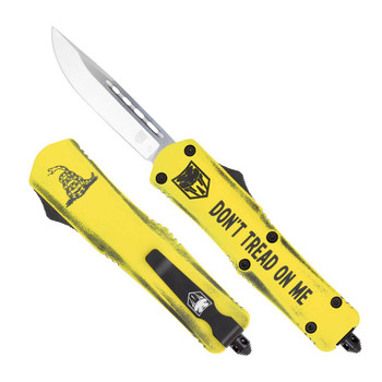 CobraTec Knives MDTOMFS3DNS FS3 Dont Tread On Me Medium 3 OTF Drop Point Plain D2 Steel Blade Yellow wDont Tread On Me Aluminum Cerakoted Handle Features Glass Breaker Includes Pocket Clip UPC: 099654039702