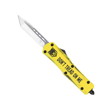 CobraTec Knives MDTOMFS3TNS FS3 Dont Tread On Me Medium 3 OTF Tanto Plain D2 Steel Blade Yellow wDont Tread On Me Aluminum Cerakoted Handle Features Glass Breaker Includes Pocket Clip UPC: 099654039726