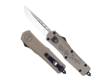 CobraTec Knives MWTPFS3DNS FS-3 We The People Medium 3" OTF Drop Point Plain D2 Steel Blade Tan w/"We The People" Aluminum Cerakoted Handle Features Glass Breaker Includes Pocket Clip