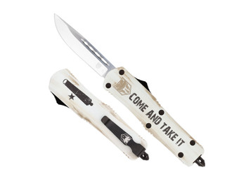 CobraTec Knives MCATIFS3DNS FS-3 Come And Take It 3" OTF Drop Point Plain 154CM SS Blade White w/"Come And Take It" Aluminum Cerakoted Handle Features Glass Breaker Includes Pocket Clip