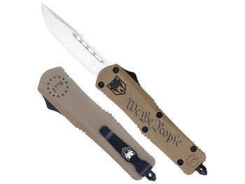 CobraTec Knives SWTPFS3DNS FS-3 We The People Small 2.75" OTF Drop Point Plain Aluminum Cerakoted D2 Steel Blade, Tan "We The People" Aluminum Handle