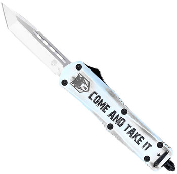 CobraTec Knives SCATIFS3TNS FS3 Come And Take It Small 3 OTF Tanto Plain D2 Steel Blade 4.50 White Come And Take It Aluminum Cerakoted Handle Includes Glass BreakerPocket Clip UPC: 099654041750
