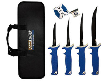 AccuSharp 737C Knife Kit 4.75/5.50/6.50/8" Fixed Fillet Plain Satin Stainless Steel Blade/ Blue Non-Slip Grip TPR Handle Includes 2-Step Sharpener