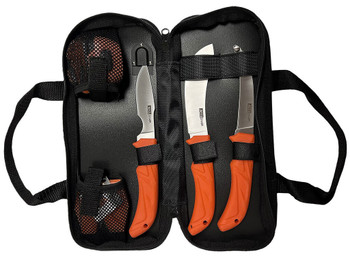 AccuSharp 738C Processing Kit Fixed Butcher/Caping/Gutting Plain Stainless Steel Blades/Blaze Orange Non-Slip Grip 6 Piece Includes Nylon Case