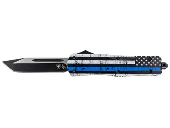 Templar Knife LBTB231 Gen II Back The Blue Large 3.50" OTF Tanto Plain Black Oxide Stonewashed 440C SS Blade, 5.25" Black & White w/Blue Line Aluminum Handle, Glass Breaker