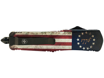 Templar Knife MBRF331 Gen II Betsy Ross Flag Slim 3.43" OTF Drop Point Plain Black Oxide Stonewashed Black 440C SS Blade, 5.05" Betsy Ross Flag Aluminum Handle Glass Breaker