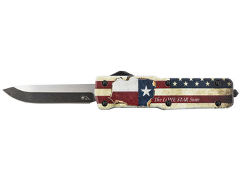 Templar Knife SZTX321 Premium Weighted Texan Small 3" OTF Drop Point Plain Black Oxide Stonewashed D2 Steel Blade, 4.50" Red/White/Blue w/"The LONE STAR State" Aluminum Zinc Alloy Handle