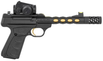 Browning 051582490 Buck Mark Vision 22 LR Caliber with 5.90 Barrel 101 Capacity Matte Black Aluminum Frame Ported Barrel with Gold Inner Cerakote  Black Rubber Overmolded Grip UPC: 023614853954