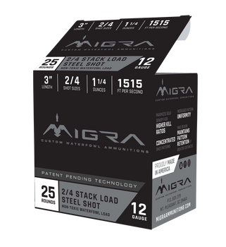 Migra,  12 Gauge, 3", 1 1/4 oz, 2/4 Steel Shot, 250 Round Box UPC: 686162340309