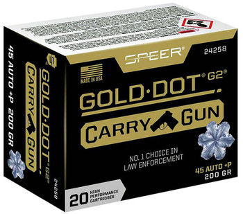 Speer 24258 Gold Dot Carry Gun 45 ACP P 200 gr 1080 fps Hollow Point HP 20 Bx10 UPC: 604544657937