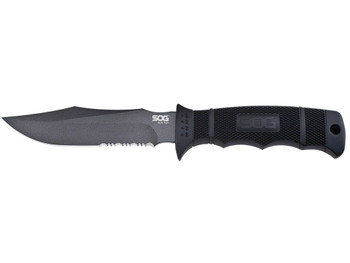 S.O.G SOGM37K Seal Pup 4.75" Fixed Clip Point Part Serrated Powder Coated AUS-8A SS Blade Black w/Raised Diamond Pattern GRN Handle Includes Sheath