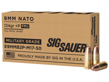 Sig Sauer E9MMB2PM1750 Military Grade M17 9mmLuger+P 124gr Full Metal Jacket 50 Per Box/20 Case