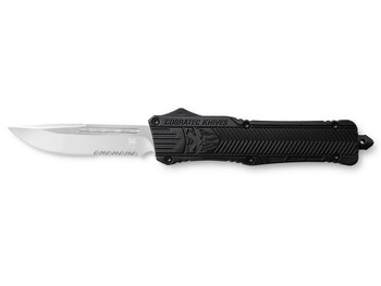 CobraTec Knives LBCTK1LDS CTK-1 Large 3.75" OTF Drop Point Part Serrated D2 Steel Blade/ Black Aluminum Handle Features Glass Breaker Includes Pocket Clip