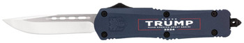 CobraTec Knives MTRP24BLUDNS FS-3 Trump 2024 Medium OTF Drop Point Plain Satin D2 Steel Blade, 4.50" Blue w/Trump, Make America Great Again Aluminum Cerakoted Handle UPC: 099654045901