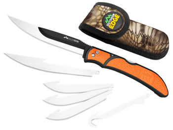 Outdoor Edge RBB20C RazorBone 6 Blades, Folding 3.40" Gut Hook/3.50" Drop Point/5" Fillet Satin/Black Oxide 420J2 SS Blades, Blaze Orange Textured Grivory w/TPR Inserts Handle