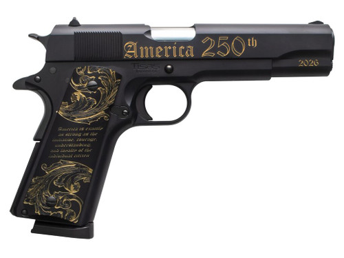 Tisas Arms 10100518US250 1911 America's 250th Full Size 45 ACP 7+1 5" Stainless Barrel, Black w/Gold Engraving Steel Serrated Slide, Black w/Gold Engraving Steel Frame w/Beavertail, Black w/Gold Accen