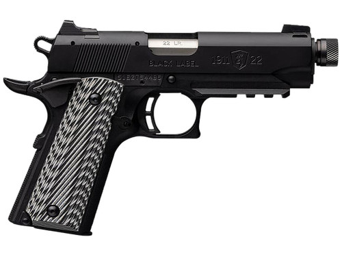 Browning 051821490 1911-22 Black Label Compact SR 22 LR 10+1 4.25" 3.50" Threaded Barrel, Matte Black Serrated Steel Slide & Polymer Frame w/Picatinny Rail & Beavertail, Black/Gray Textured G10 Grips