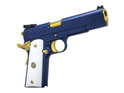 Dickinson LLC DKSN45SM Adam 1911 Sapphire Full Size 45 ACP 8+1 5" Gold Barrel, Blue Sapphire Steel Slide & Frame w/Beavertail White Grip