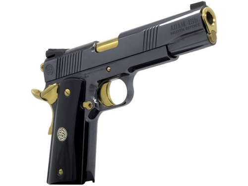 Dickinson LLC DKSN45AB Adam 1911 Acoustic Full Size 45 ACP 8+1 5" Gold Barrel, Shiny Black Steel B Serrations Slide, Shiny Black Steel Frame w/Beavertail